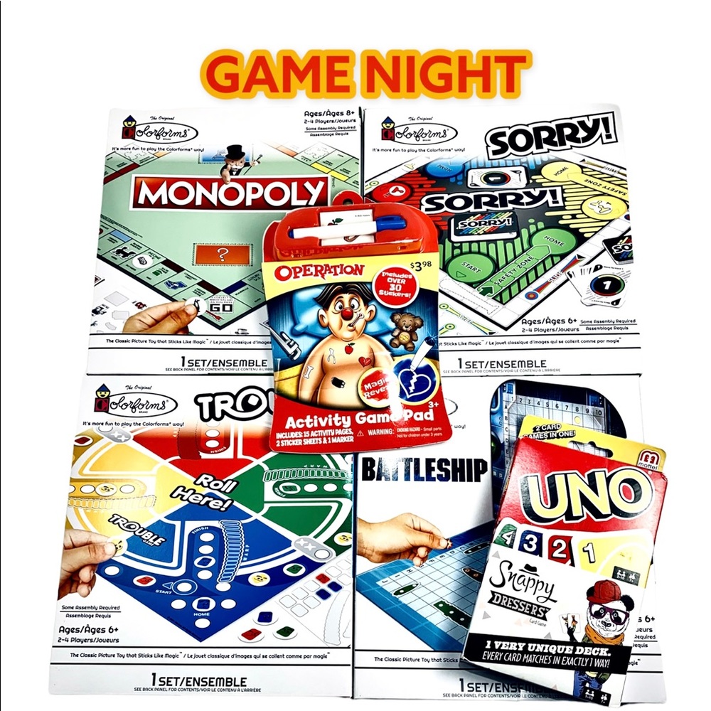 Colorforms MONOPOLY, BATTLESHIP, SORRY, & TROUBLE. SD UNO & OPERATION GAME PAD!